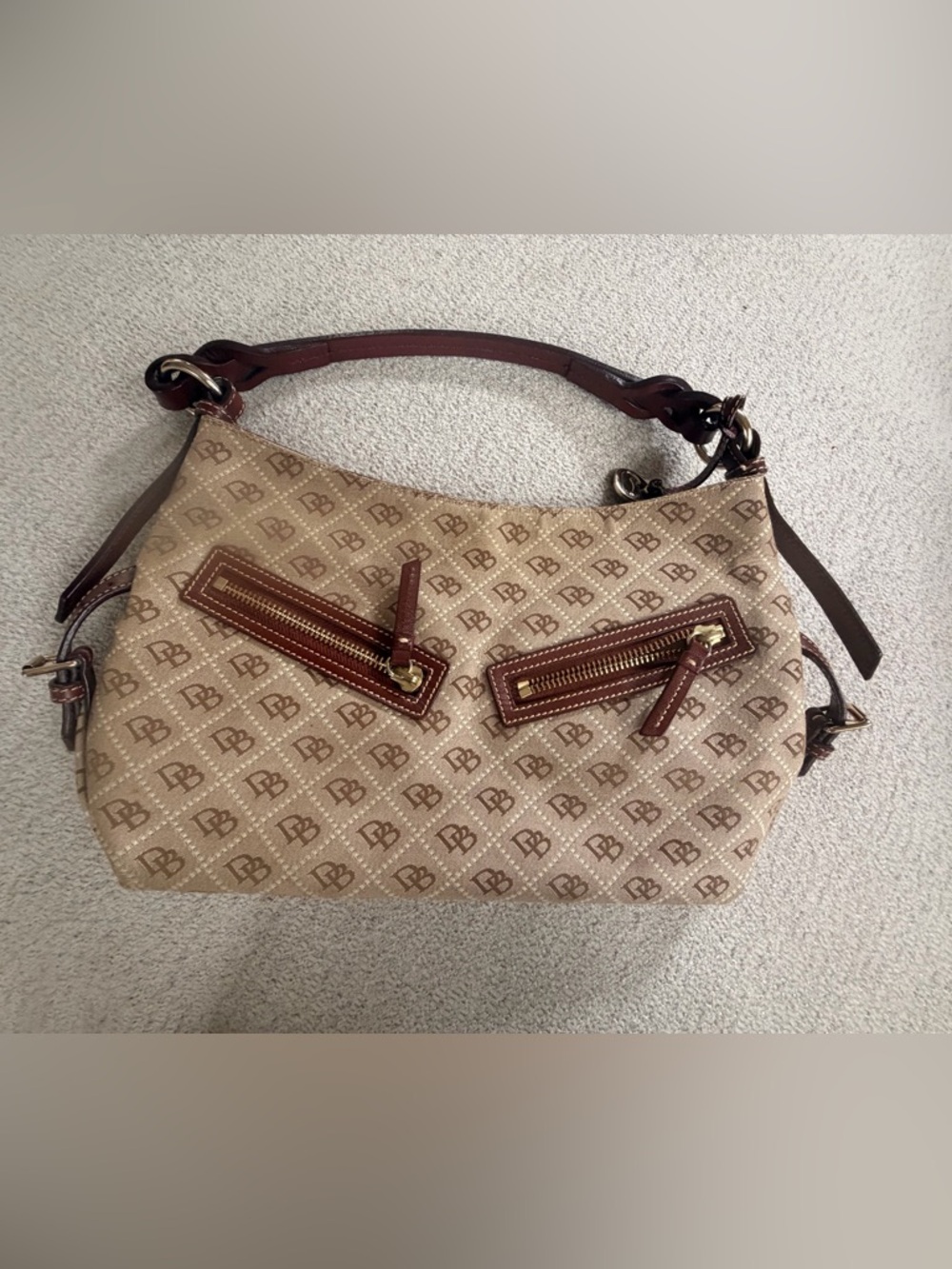 Dooney & Bourke Medium Elisa Shoulder Bag DB Monogram Canvas Brown Leather Trim